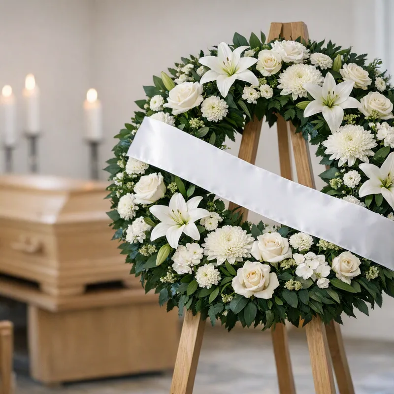 Fiori per un funerale - corona, cuscino e condoglianze