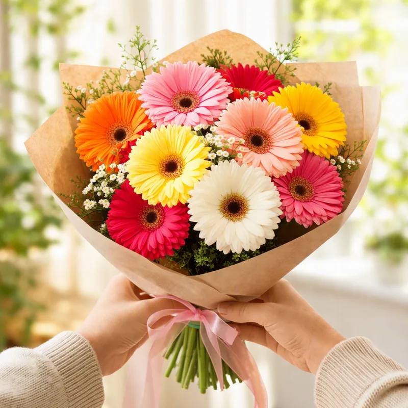 Bouquet di gerbere colorato legato a mano per un collega