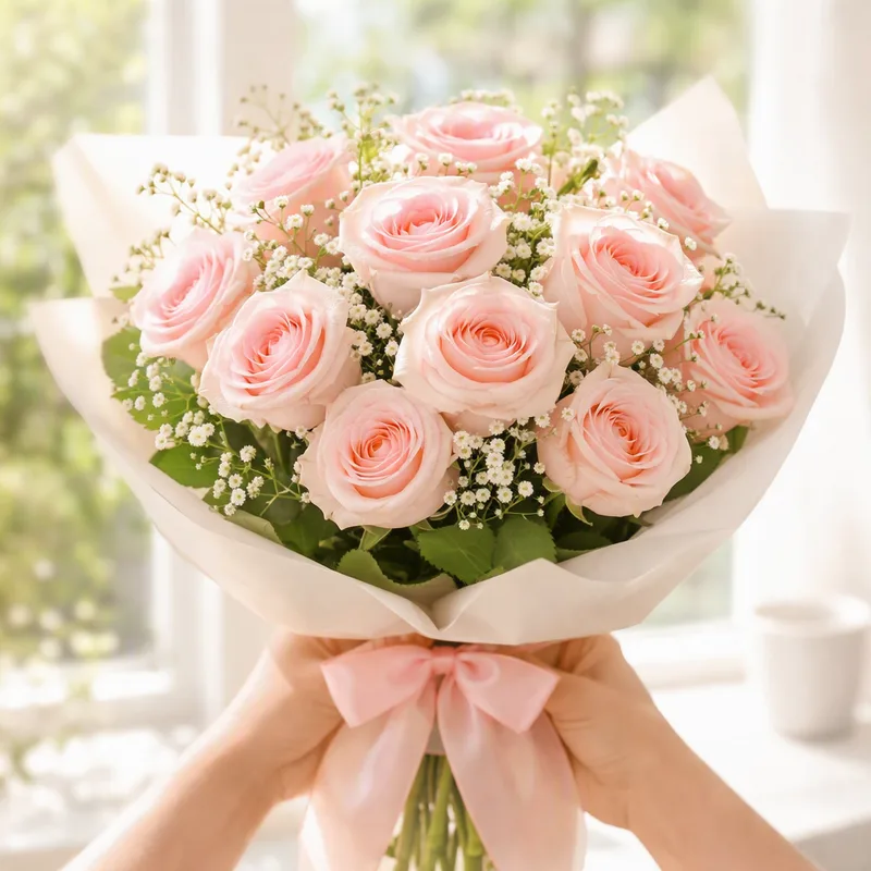 Bouquet di rose chiaro legato a mano per neogenitori