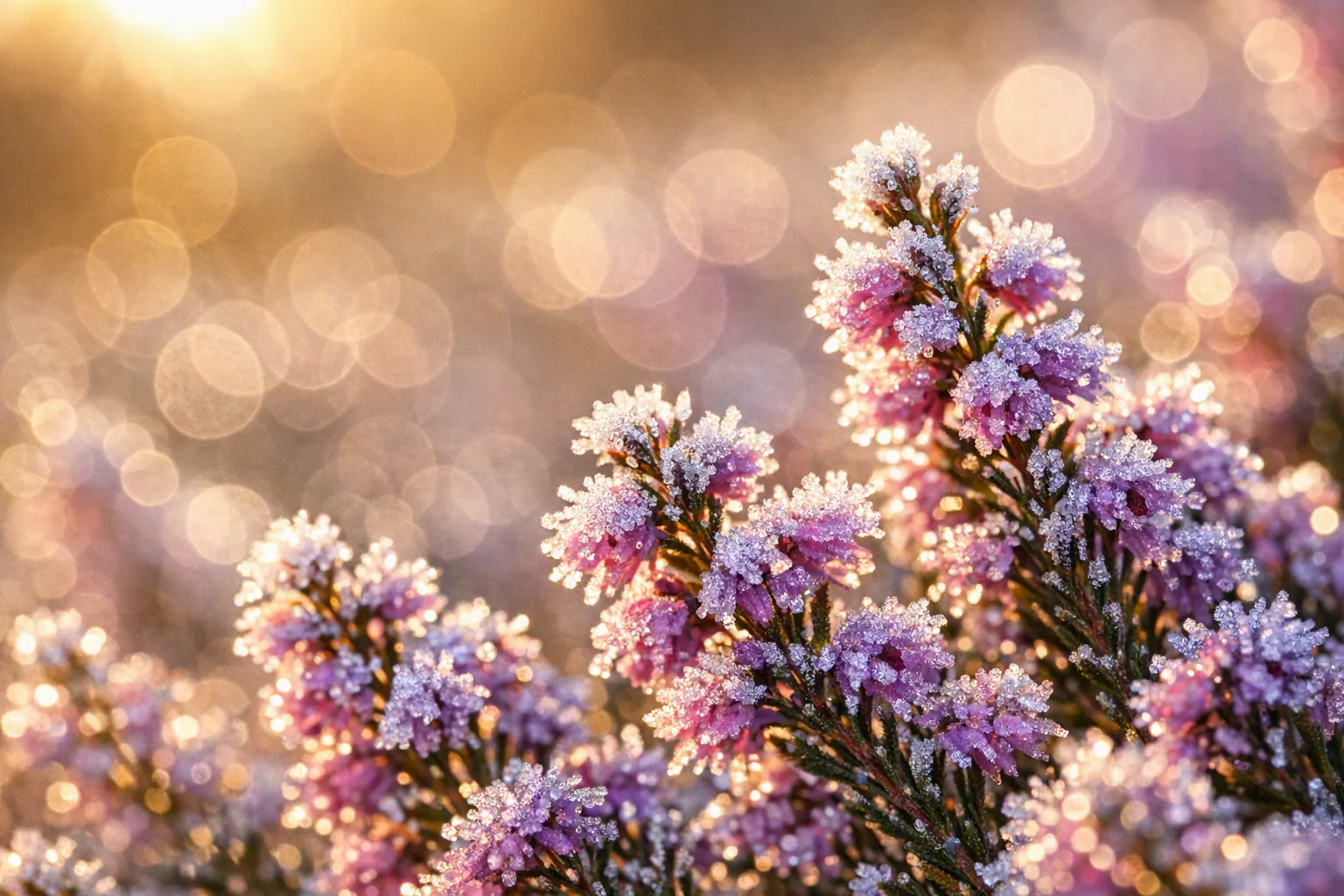 Crisantemo coperto di brina nella luce del mattino, fiore resistente al gelo