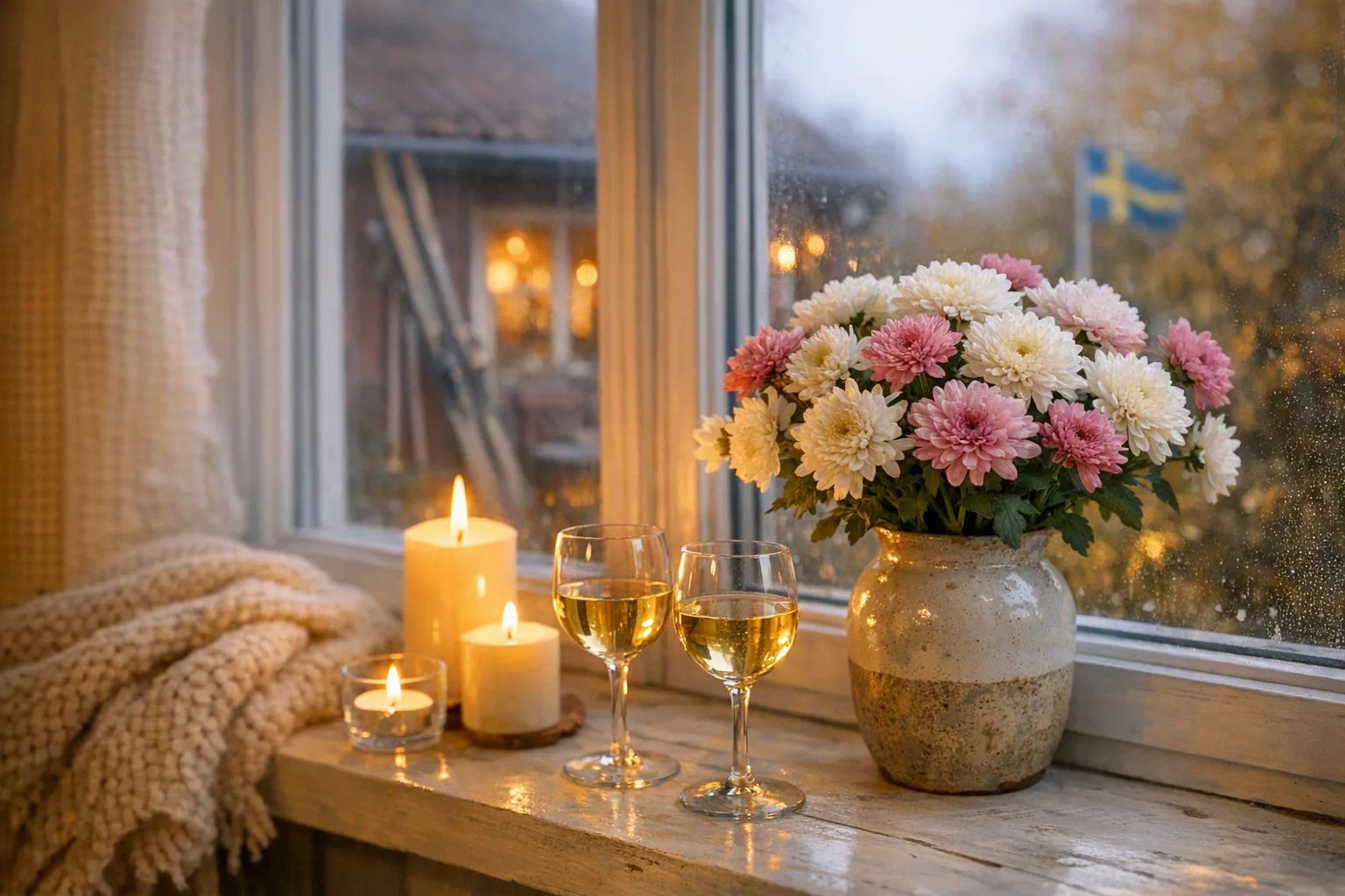 Tavola in stile nordico con candele bianche, bouquet autunnale e runner di lino per Ognissanti