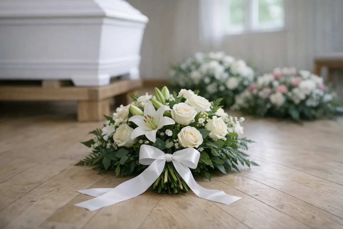 Bouquet funebre legato a mano con fiocco bianco accanto alla bara