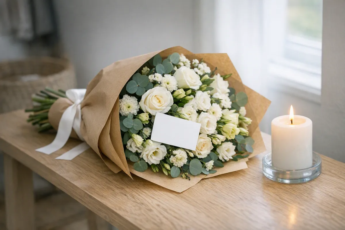 Bouquet di condoglianze in carta con biglietto e candela accesa a casa