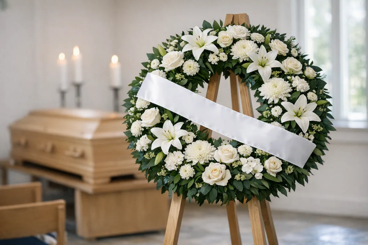Corona funebre di gigli e rose bianche su cavalletto con nastro