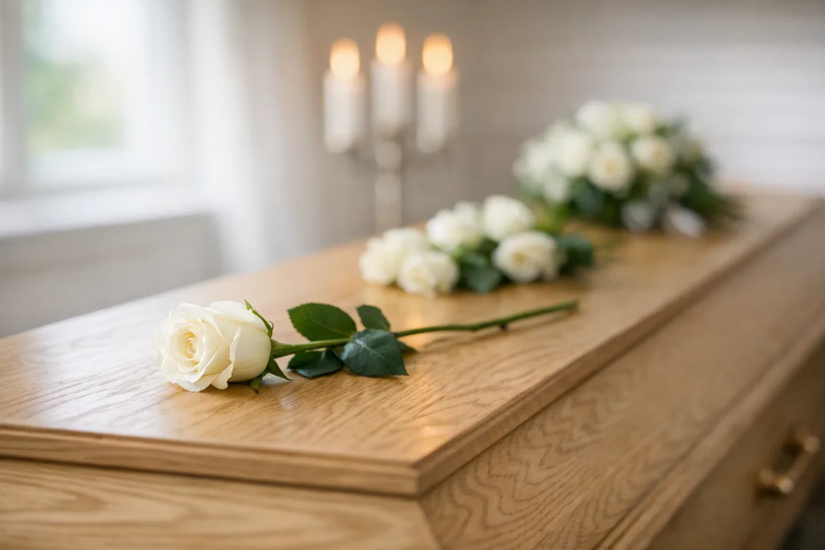 Una rosa bianca posata sul coperchio della bara al momento dell'addio